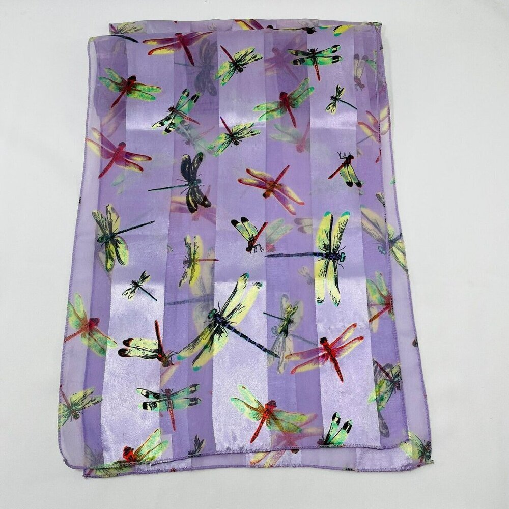 Vtg Scarf Dragonfly Long 58” Rectangle Purple Sheer Runner Cover Spring Summer